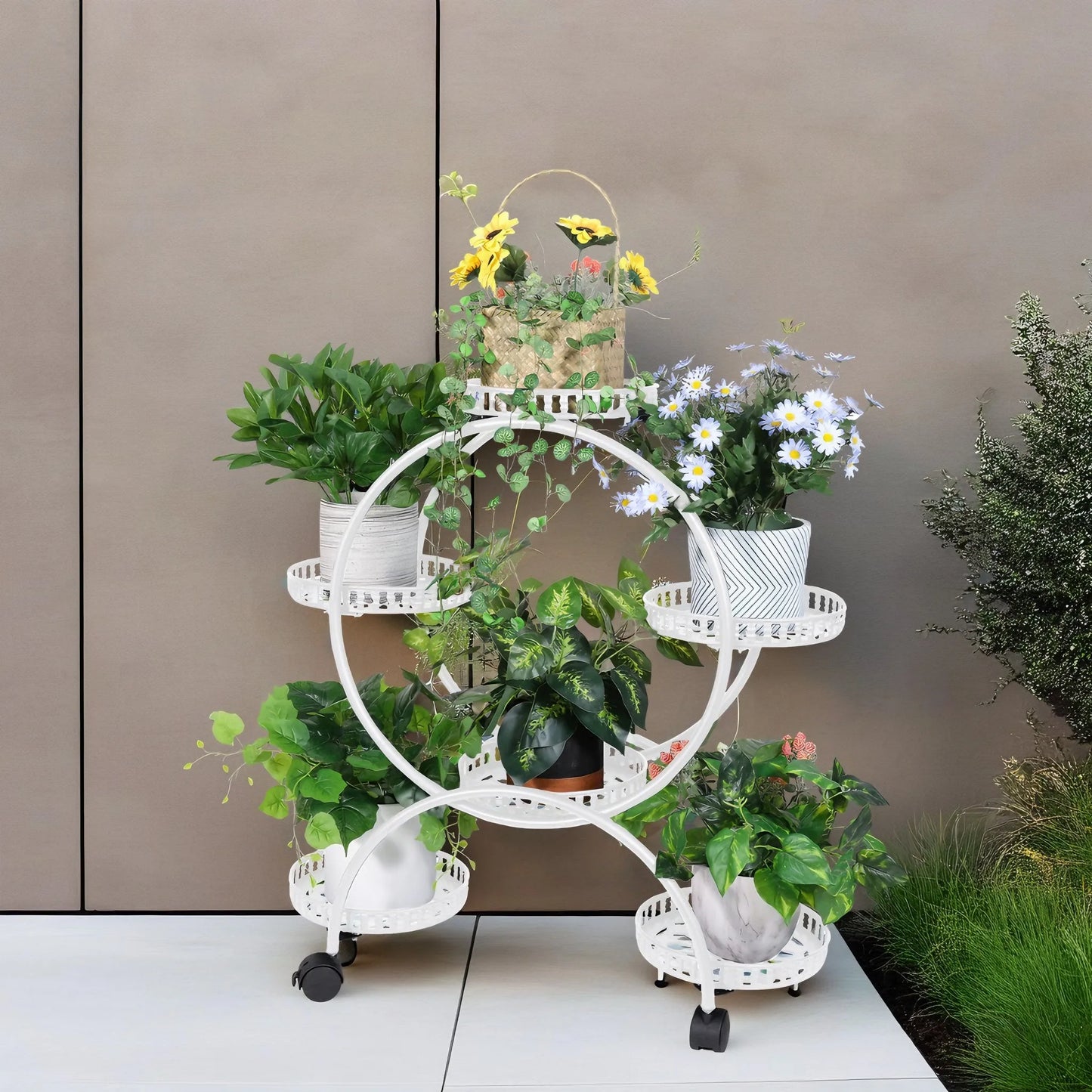 6 Potted Metal Plant Stand Garden Cart Flower Pots Rack Holder Display Shelf with Wheels for Patio Porch Balcony Decoration