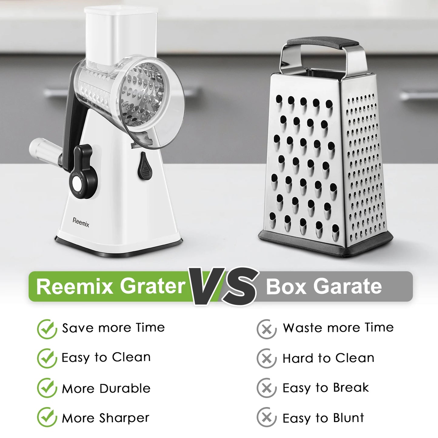 Rotary Cheese Grater, Reemix Rotary Vegetable Slicer, Rotary Kitchen Mandoline Vegetable Slicer with 3 Replaceable Stainless Ste