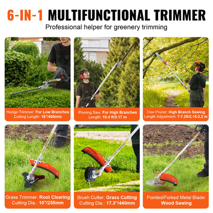 VEVOR 52CC 6-in-1 Multi-Functional Trimming Tools Gas Hedge Trimmer Weed Eater String Trimmer Brush Cutter Edger Pole Chainsaw