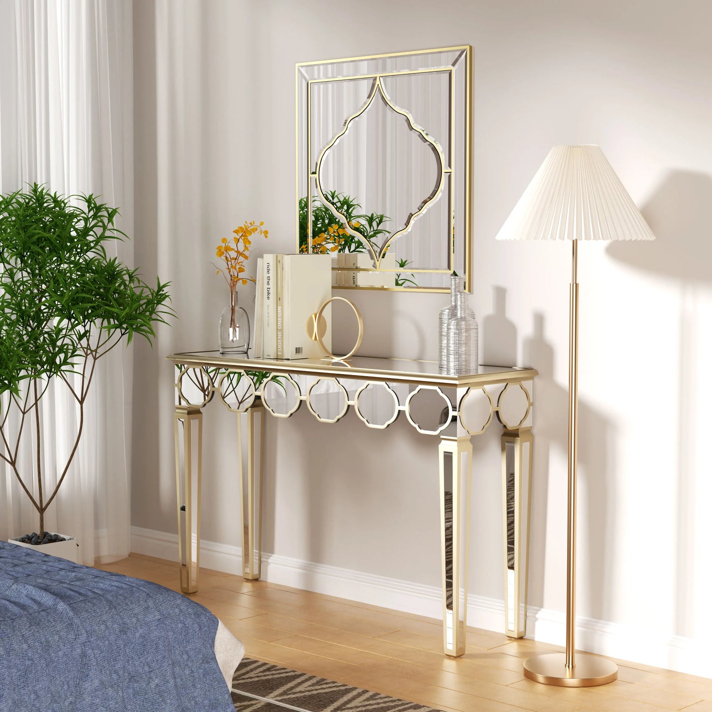 48'' Console Table Rectangular Silver Mirrored Entryway Table with Gold Rim Decor