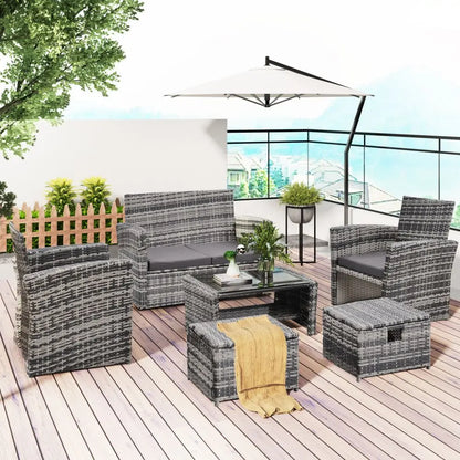 6 Pieces Garden Outdoor Patio Rattan Furniture Set, 6 Seater Sofa Set with Coffee Table & Footstools, Grey Rattan with Cushion