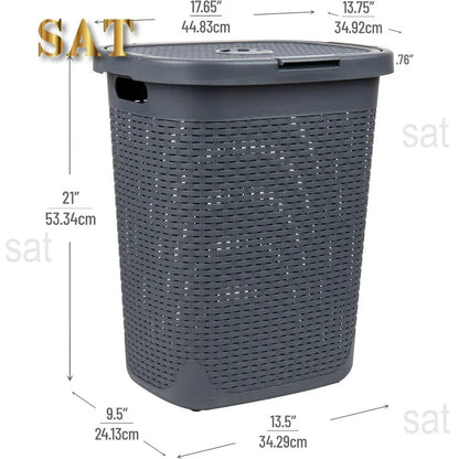 50L Slim Laundry Hamper, Clothes Basket, Lid, Wicker Design, Plastic, 17.65"L x 13.75"W x 21"H