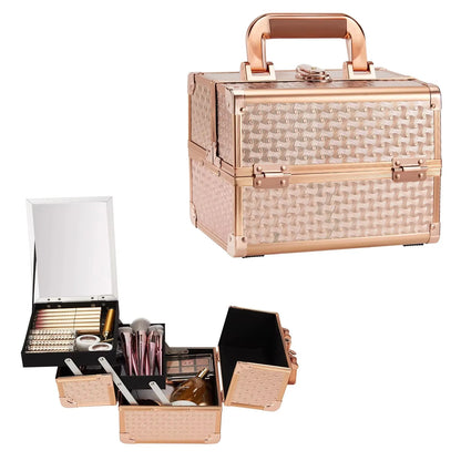 Portable Makeup Case with Mirror 2 Trays Lock Alloy Make-up Suitcase Travel Cosmetic Jewelry Nails Storage Box for Manicure Tech