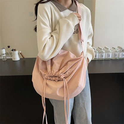 Women Drawstring Shoulder Bag Large Capacity Simple Crossbody Bag Solid Color Lightweight Shopping Bag Girls Outdoor Bag