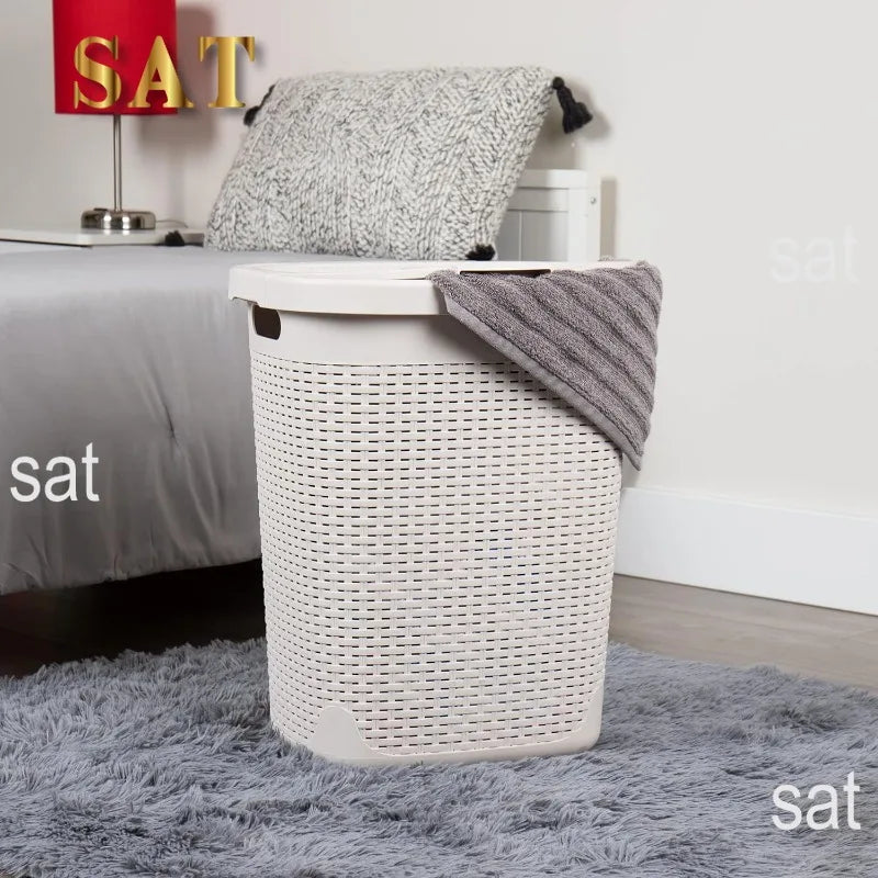 50L Slim Laundry Hamper, Clothes Basket, Lid, Wicker Design, Plastic, 17.65"L x 13.75"W x 21"H