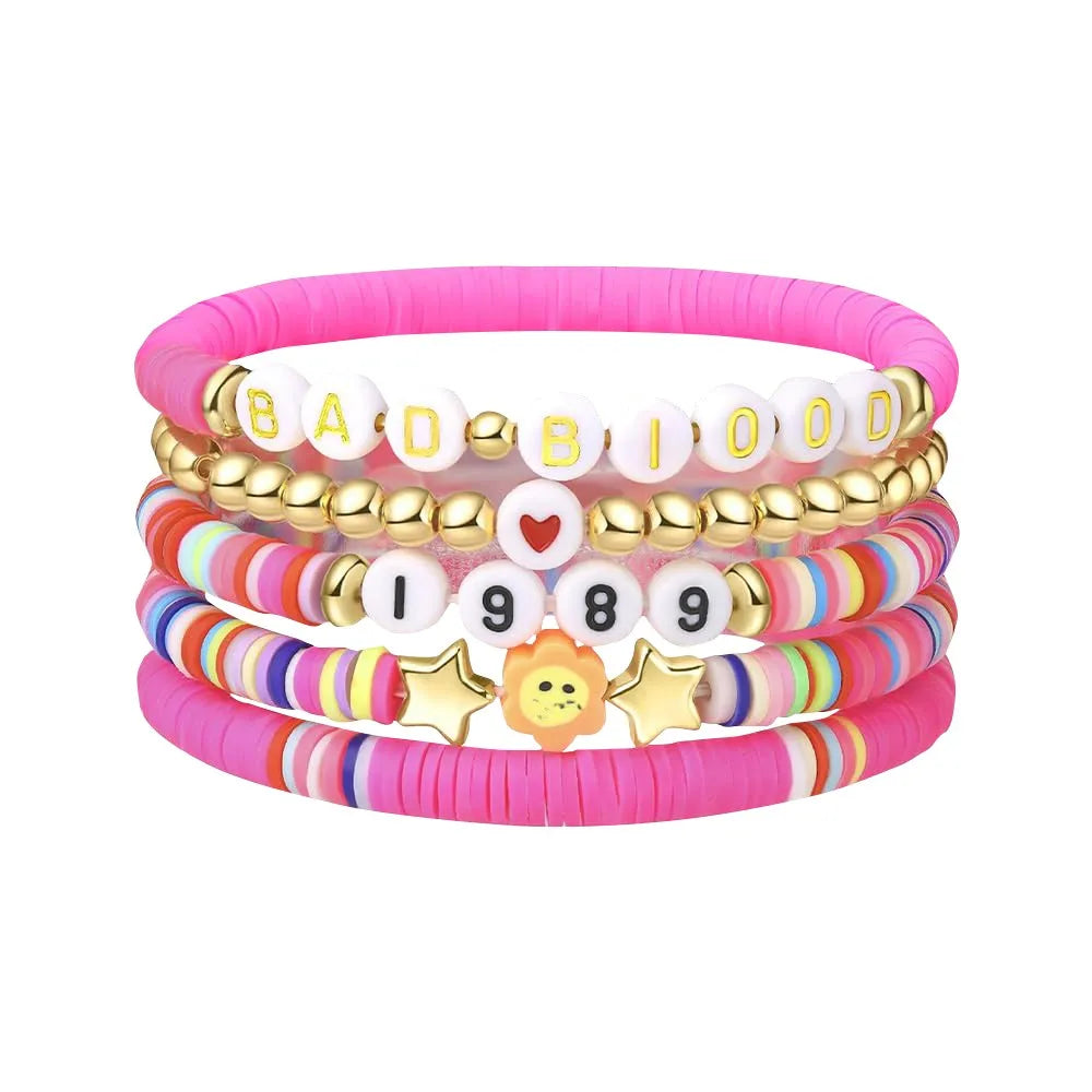 Five Piece Bracelet Set Of Men’s And Women’s Soft Clay Bracelets Fashionable Colourful Letter And Bead Print Beauty Bracelet