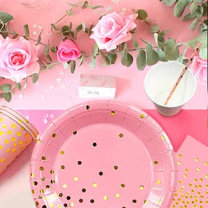 Pink and Gold Party Supplies 193 pcs/Serves 24 Pink and Gold Birthday Dinnerware Set- Pink and Gold Birthday Plates Cups etc