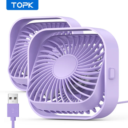 TOPK USB Desk Fan,[2Pack]Strong Airflow&Quiet Operation Mini Personal Fan,3 Speed Wind Small Fan,360°Rotatable Table Cooling Fan