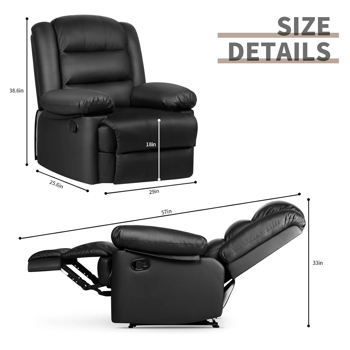 Recliner Armchair Padded Seat Single Sofa Lounge Seating Adjustable Reclining PU Couch Chair for Living Room Bedroom Home Theate