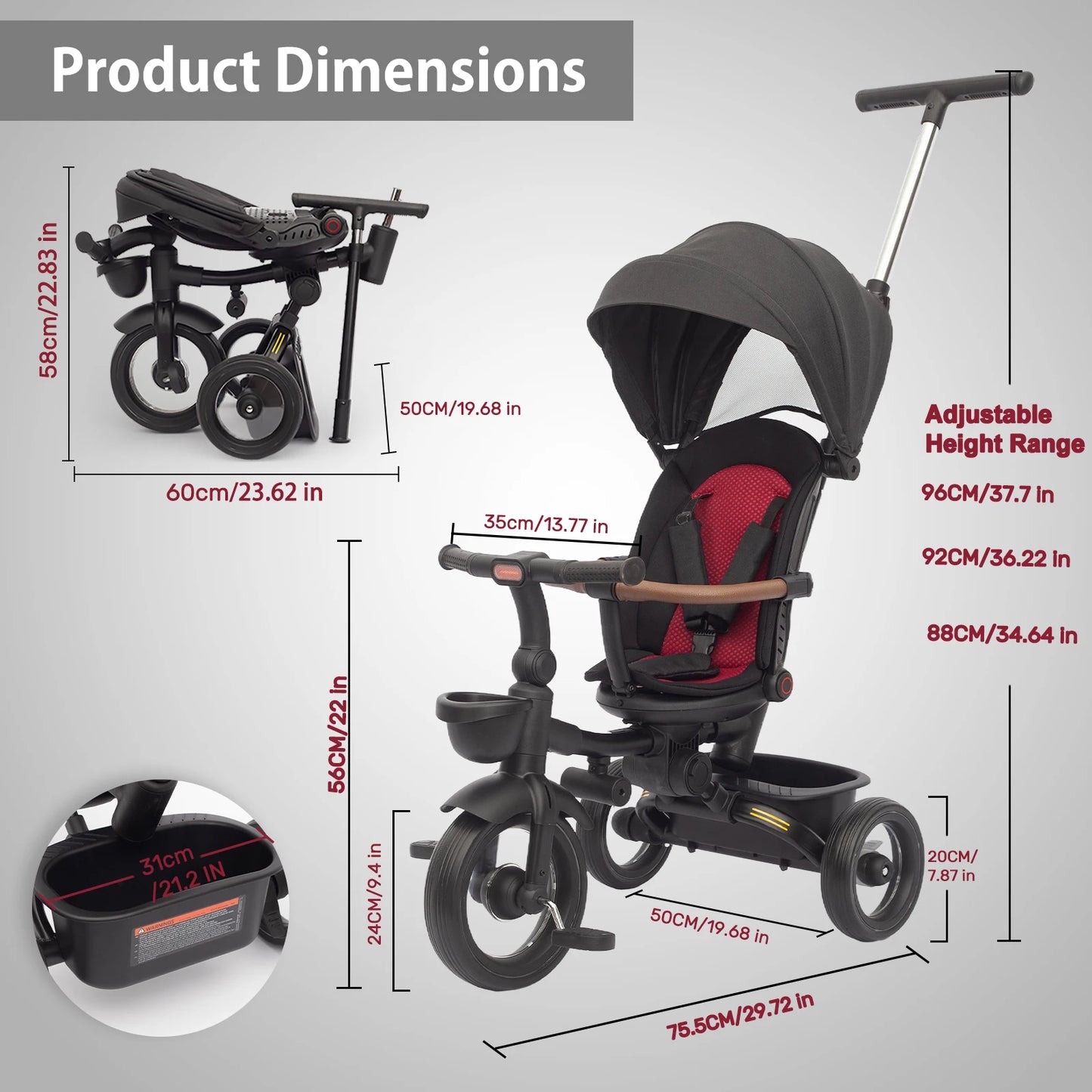 UBRAVOO Baby Tricycle,7 in 1 Foldable Trike for Kids age 6M+ to 5 Years,Headlights. All-Terrain Stroll & Steer Bike Strolle