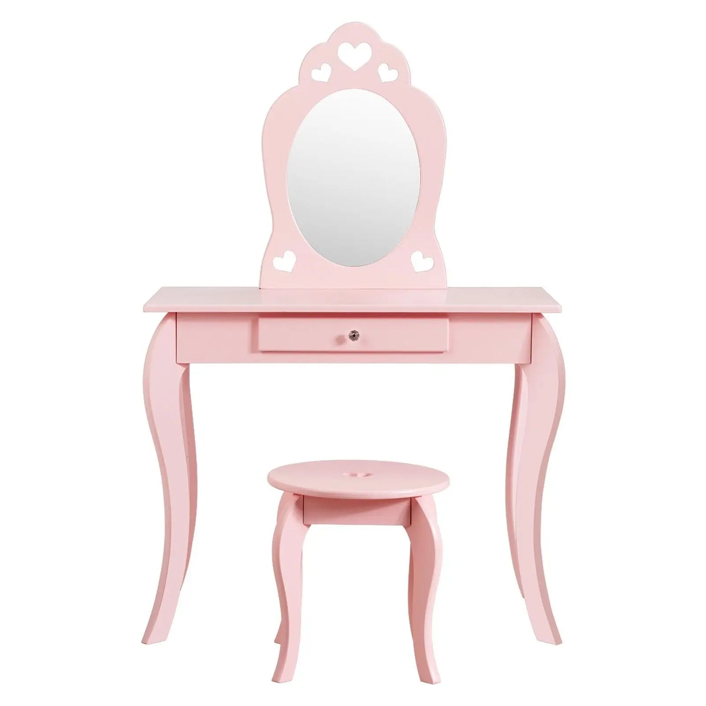 GOFLAME Kids Vanity Set, Princess Pretend Beauty Makeup Table & Stool Set w/ Mirror & Drawer