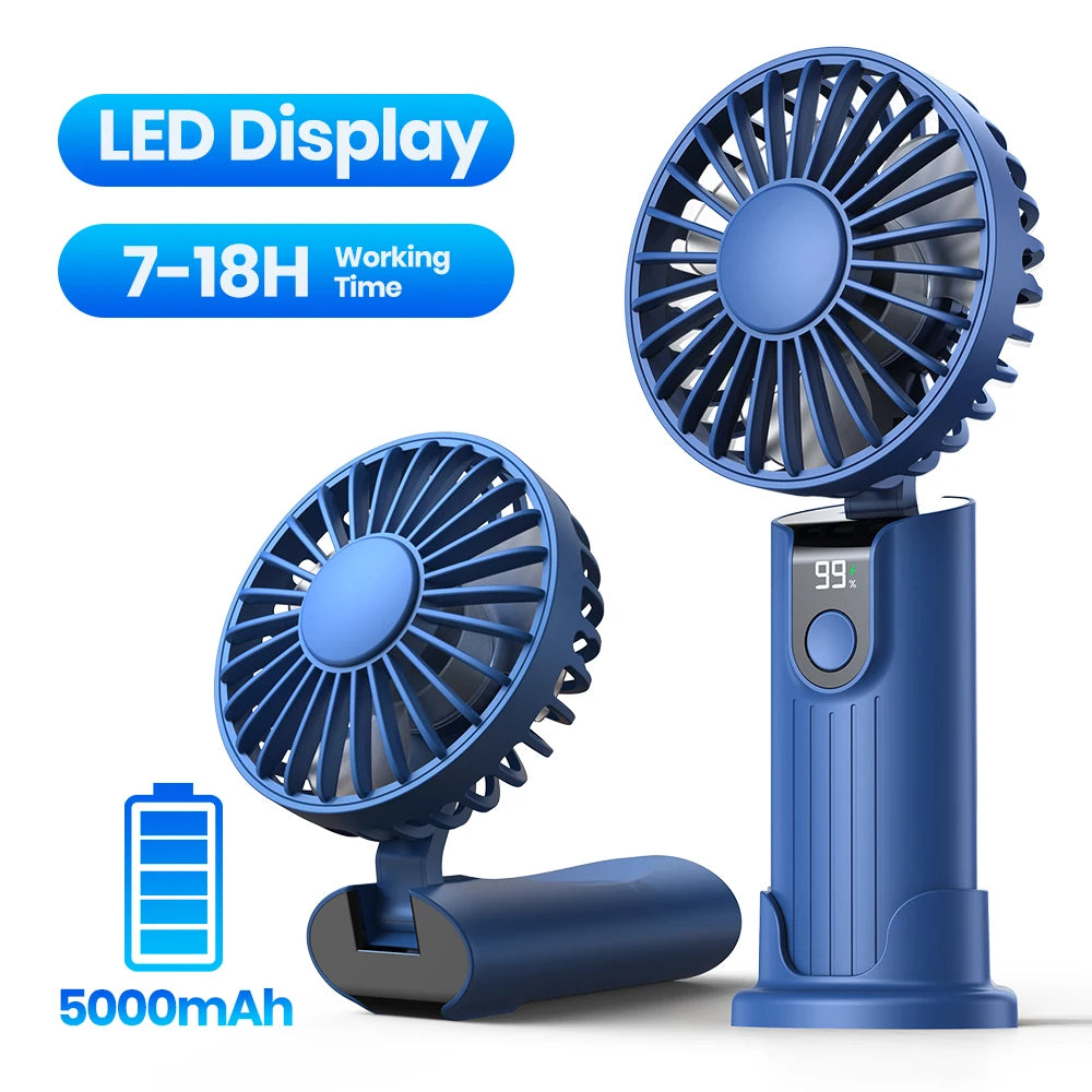 TOPK Portable Handheld Fan 5000mAh USB Rechargeable Foldable Fan 3 in 1 Personal Travel Fan with Digital Display Desk Fan