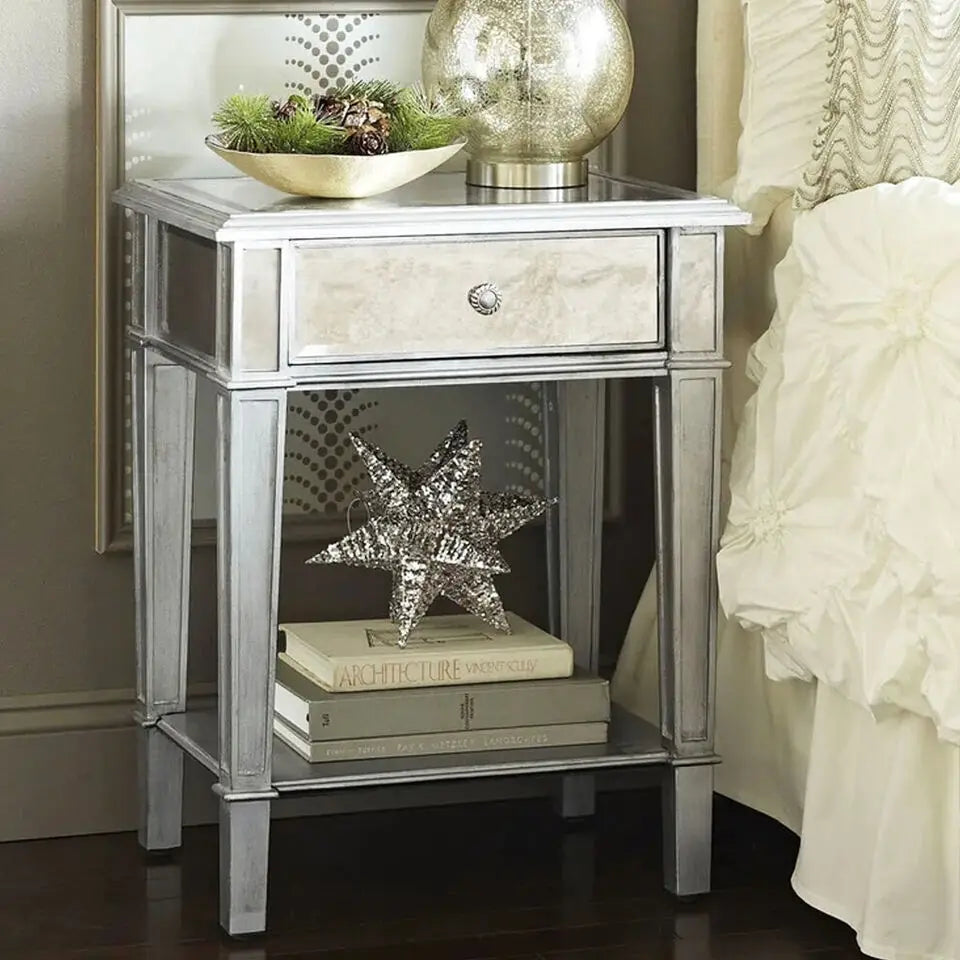 Silver Mirrored End Table for Living Room Bedroom, 2 Tier, Sofa Side, Bedside Cabinet, Nightstand Desk with Drawer