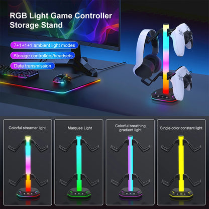 RGB Headset Stand Controller Holder for PS5/PS4/Xbox/Switch Pro 9 Light Modes with USB C/Data Ports Charging Desk Earphone Hook