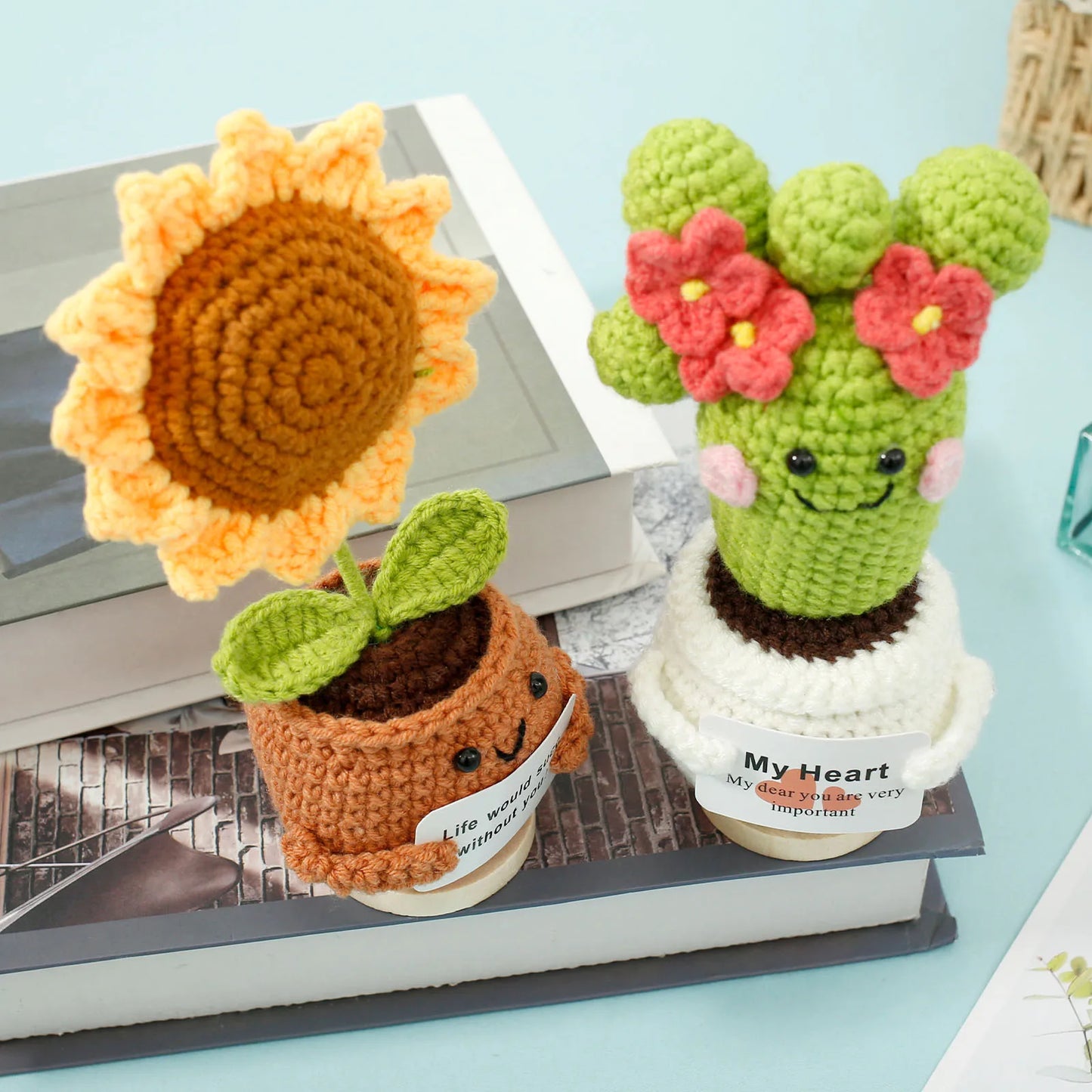 2 件套 Crochet Sunflower Décor Handmade Crochet Cactus Décor Cute Crochet Potted Succulent Gift Funny Crochet Potted Doll Ornament