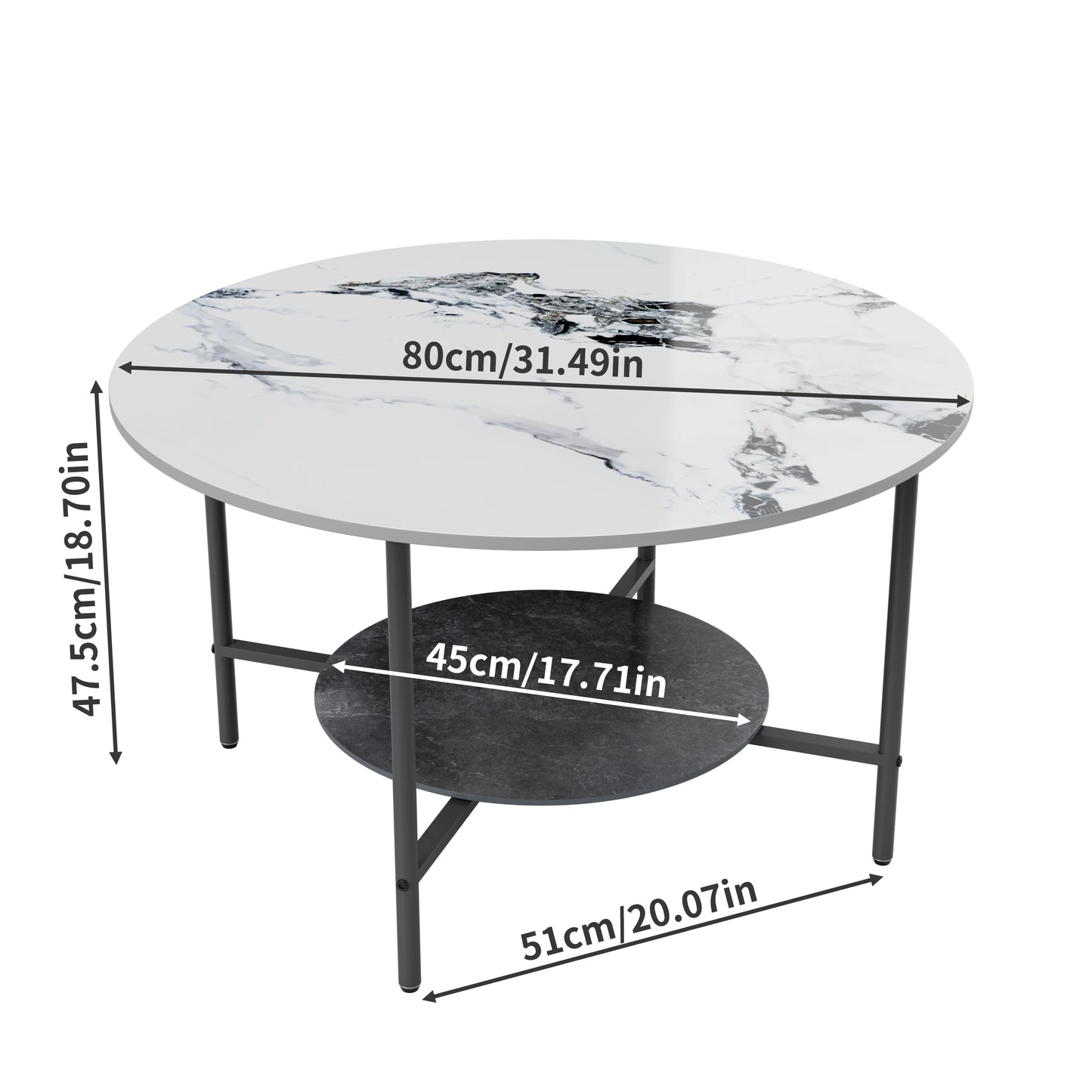 2 Tier Round Center Coffee Table with Sintered Stone-top and Storage Shelf Sofa Side Center Table Metal Frame