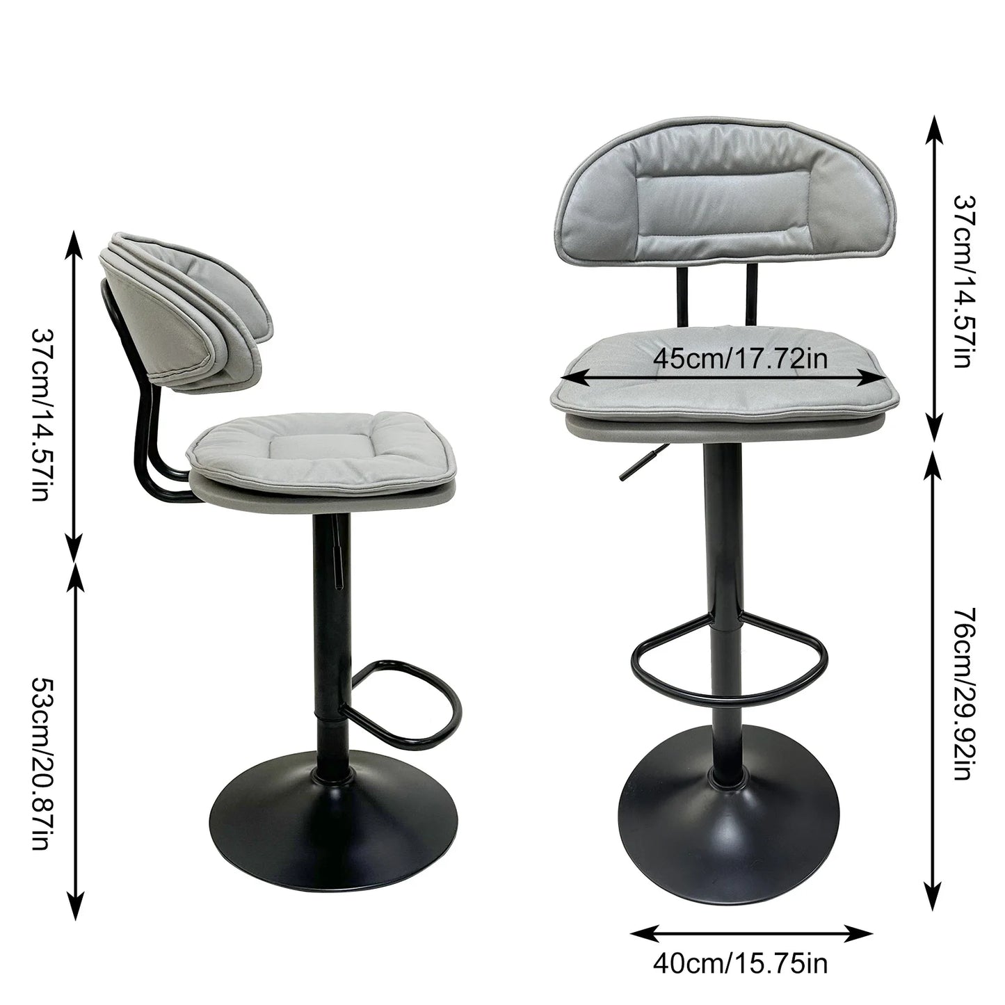 2PCS Heavy Duty Pub Counter Height Bar Stools Adjustable Swivel Chair with Backrest Padded Grey