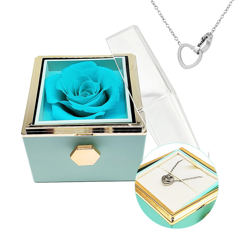 Rotating Jewelry Box with Necklace, Forever Flower Red Preserved Rose Box Mother's Day Birthday for Mom Wife Girlfriend