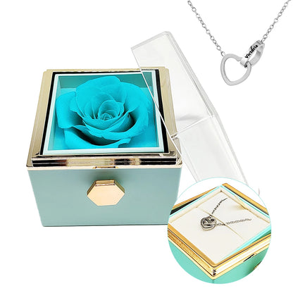 Rotating Jewelry Box with Necklace, Forever Flower Red Preserved Rose Box Mother's Day Birthday for Mom Wife Girlfriend