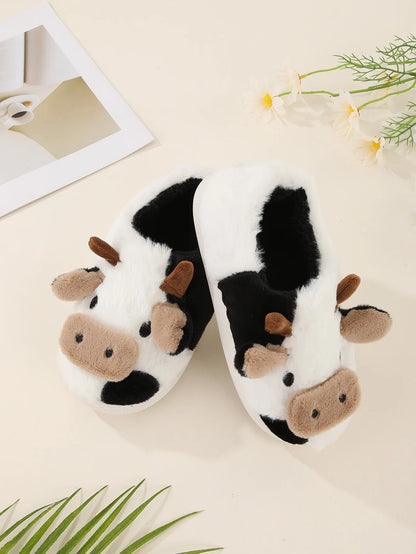 New Winter Unisex Cartoon Cow Warm Plush Slippers Couple's Indoor Non-slip House Slides Men And Women Toe Wrap Home Cotton Shoe