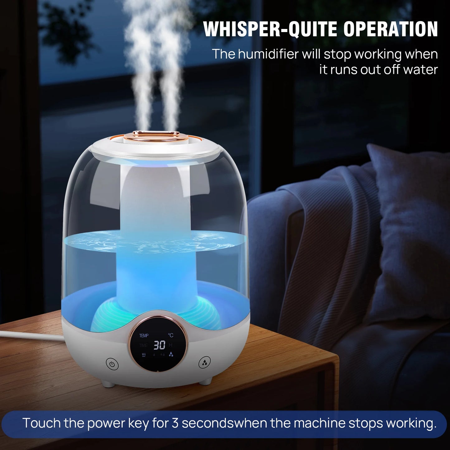 3L Humidifier for Bedroom, Air Humidifier for Home Office, 3 Mist Modes, 2 Nozzles, Timer and Waterless Auto-Off