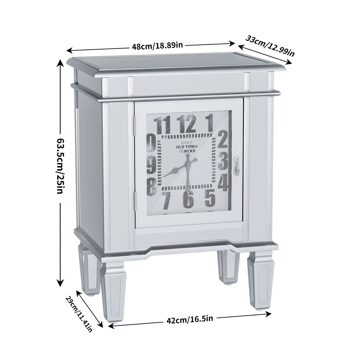 Silver Mirrored Glass Bedside Table Nighstand Side Table Cabinet with Quartz Clock and Storage Cabinet