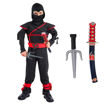 Ninja Costume for Kids Black Deluxe Ninja Costume for Boys Halloween Ninja Costume Dress Up with Knife Fork for Kids (10-12 Yrs)