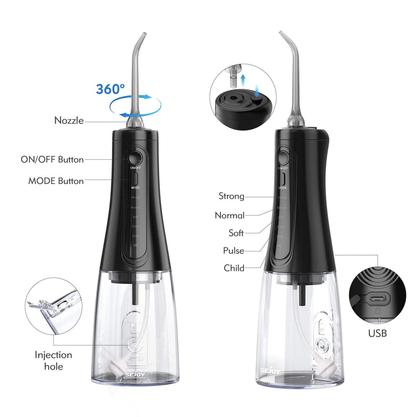 Sejoy Water Flosser Dental Cordless for Teeth Cleaning 5 Modes Oral Irrigator Braces Flossers Cleaner Portable for Travel Home