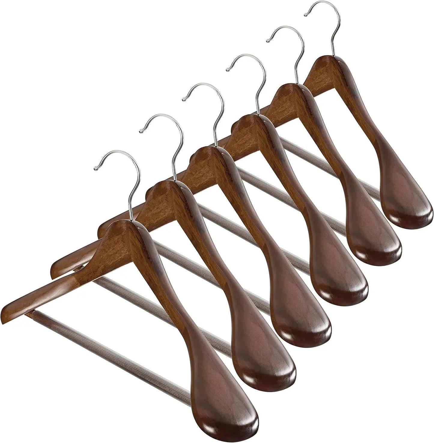 ZOBER High-Grade Wide Shoulder Wooden Hangers 6 Pack for Closet, Non Slip Pants Bar, Holds Upto 20lbs