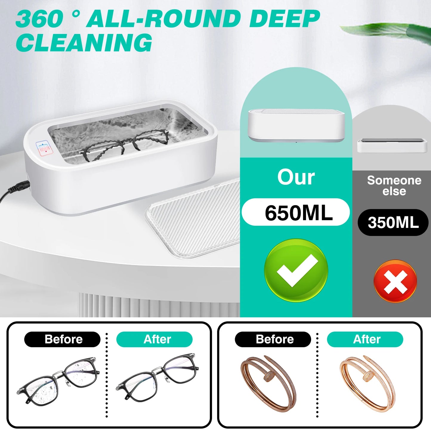 Ultrasonic Cleaner Machine 48000Hz, Portable Ultrasonic Jewellery Cleaner Glasses Cleaner with 2 Cleaning Modes, 650ml