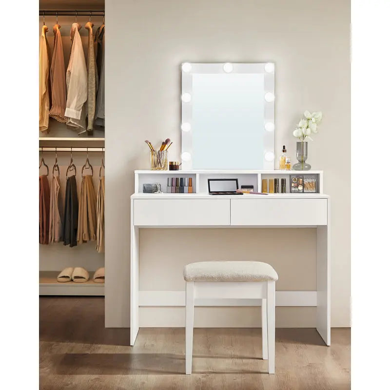 VASAGLE Dressing Table, LED Lights with Adjustable Brightness, Vanity Table with Mirror, 2 Drawers and 3 Compartments