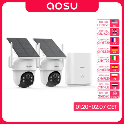 AOSU 2K 3MP Solar Battery Camera System 2 Cam Kit Wireless 360° PTZ Surveillance Wifi Camera Set Include Home Base Support Alex