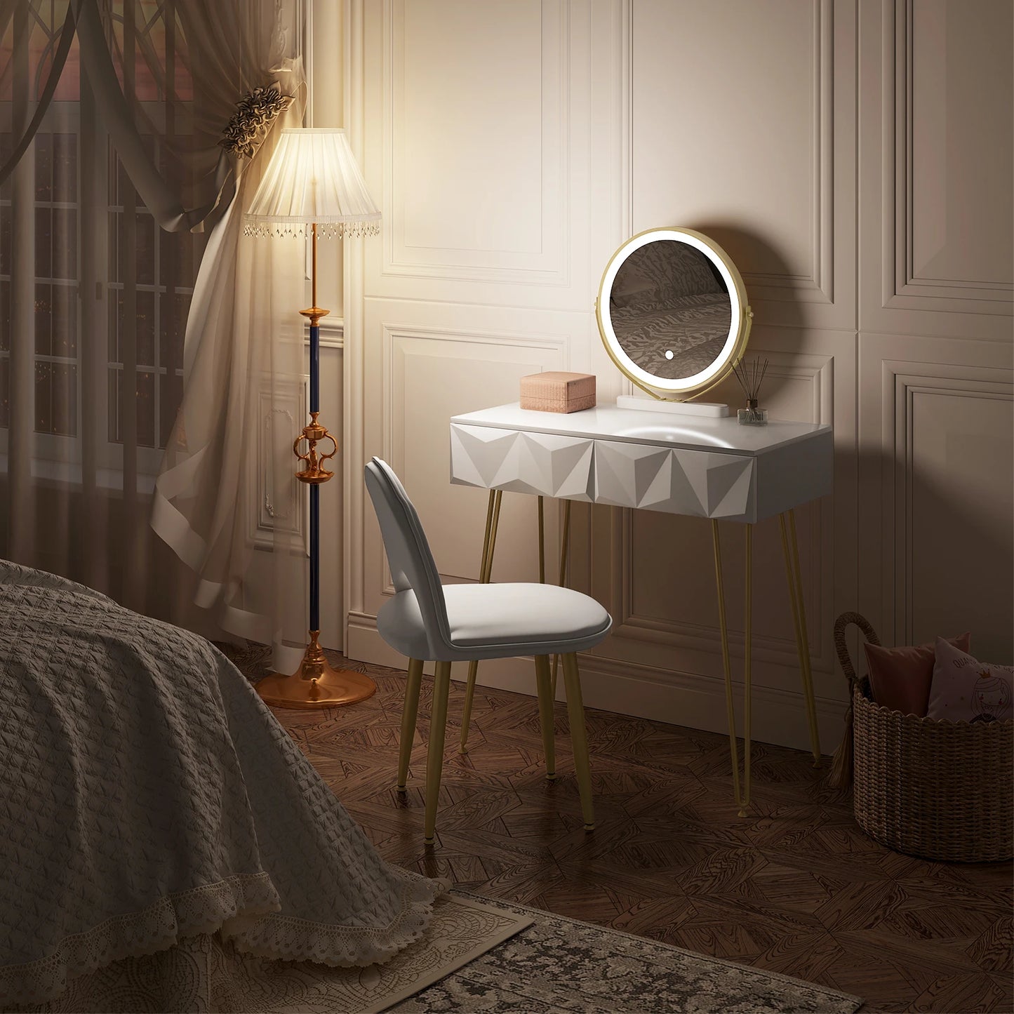 Dressing Table Vanity Cosmetic Table dresser with LED Light in 3 Light Colours  Velvet Chair 2 Drawers 360° Rotating Mirror