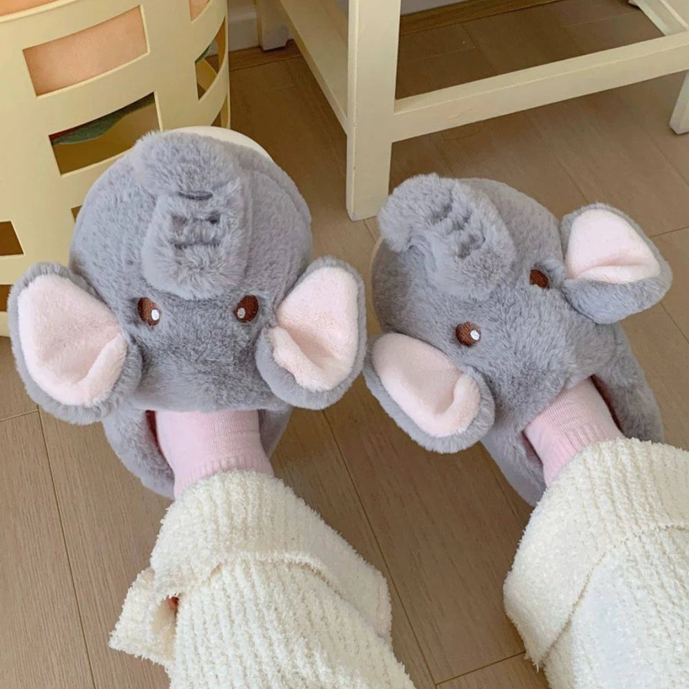 Plush Elephant Slippers Slip-on House Shoes Cute Thermal Home Slippers Comfortable Fluffy Couple Slippers Non-Slip for Men Women