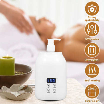 Massage Oil Warmer 30℃ to 65℃ Adjustable Lotion Bottle Warmer with 2 Oil Bottle Dispenser Smart Touch Key Electric Lotion Heater