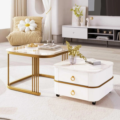 Nestable Coffee Table High-gloss Marble Exterior and Glass Tabletop Gold Decoration Side Table with Drawer Set of Two (White)