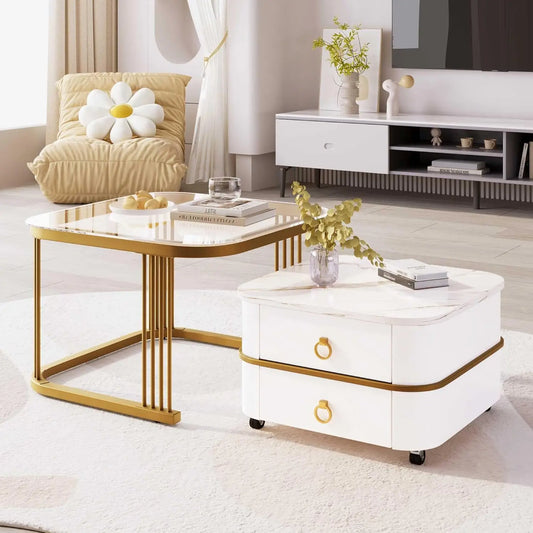 Nestable Coffee Table High-gloss Marble Exterior and Glass Tabletop Gold Decoration Side Table with Drawer Set of Two (White)