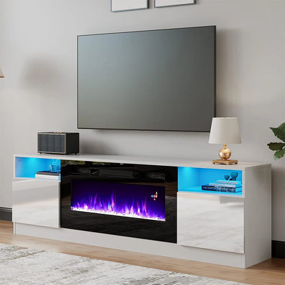 KOMORE Recessed Electric Fireplace TV Stand with Closed Storage, Overheating Protection, 12 Colors, 1-8H timer, Black&White