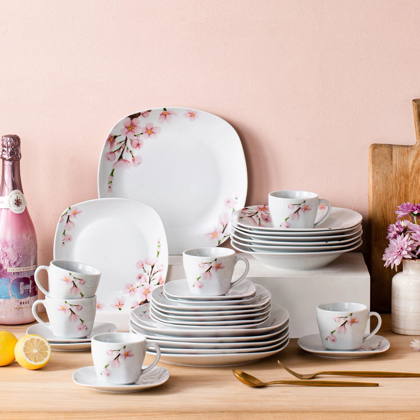 VEWEET 30/60-Piece White Ceramic Pink Floral Porcelain Plate Set with 5PCSDinner Soup Dessert Plate ,Cups Saucers for 12 Person