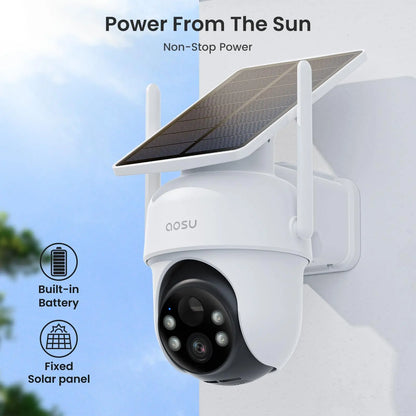 AOSU 2K 3MP Solar Battery Camera System 2 Cam Kit Wireless 360° PTZ Surveillance Wifi Camera Set Include Home Base Support Alex