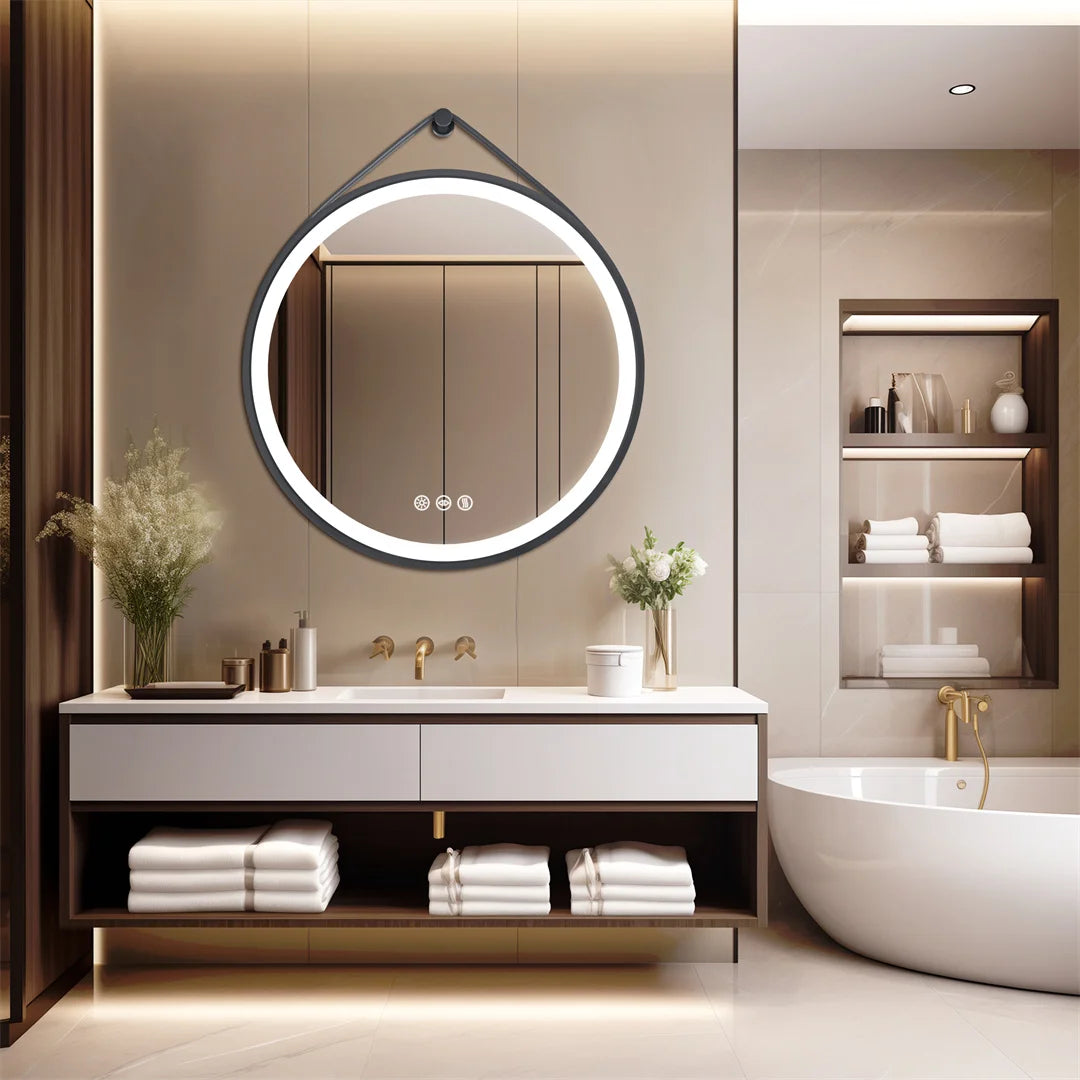 LUVODI 32" Large Round Bathroom Lighted Mirror With Touch Sensor Black Framed Bathroom Mirror with LED Lights