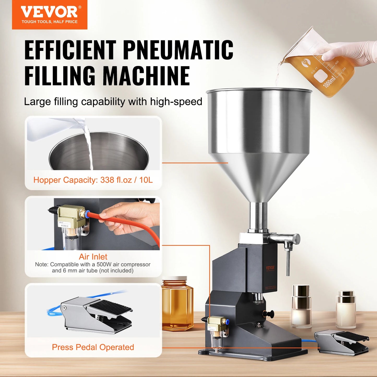 VEVOR 5-50/100ml A02 Pneumatic/Manual Paste Liquid Filling Machine Bottle Liquid Filler with Pedal for Water Juice Cosmetic Milk