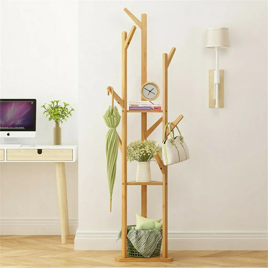 Wooden Coat and Hat Hanger Stand, Floor Standing, Clothes, Bags, Umbrella Rack, Tree Hanger, Bag Hook Holder, 10 Hooks