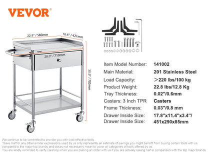 VEVOR Stainless Steel Cart 3/2/1 Layers Lab Utility Cart Medical Cart W/ Lockable Universal Wheels for Lab Clinic Kitchen Salon