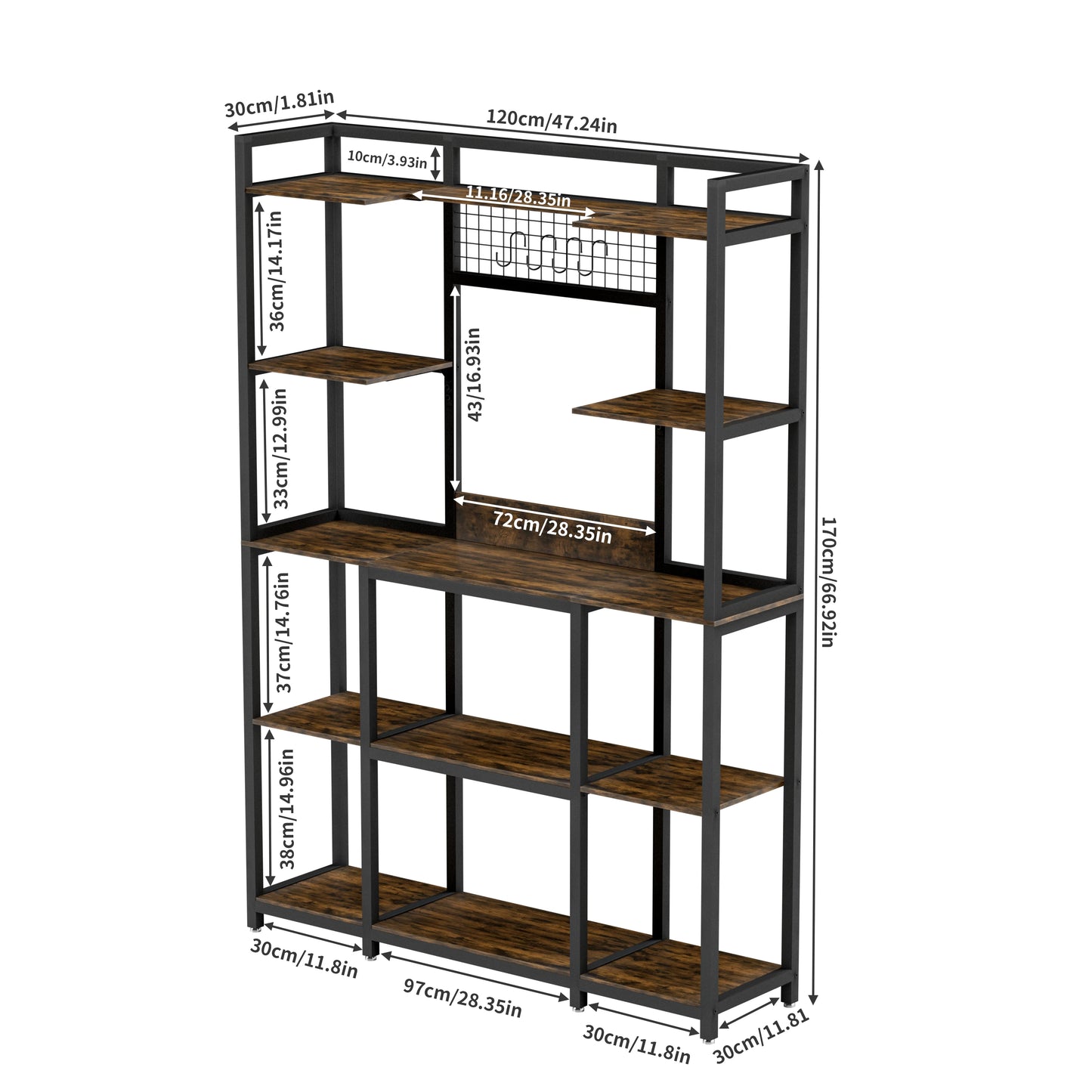 5 Tier Baker's Rack Industrial Microwave Stand Holder Kitchen Storage Rack with Hooks and Shelves for Spices Pots and Pans