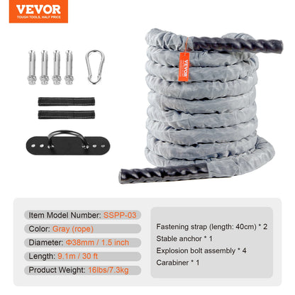 VEVOR Battle Rope Polyester Exercise Rope Battle Exercise Equipment with Protective Sleeve and Anchor Heavy Weighted Pull Rope