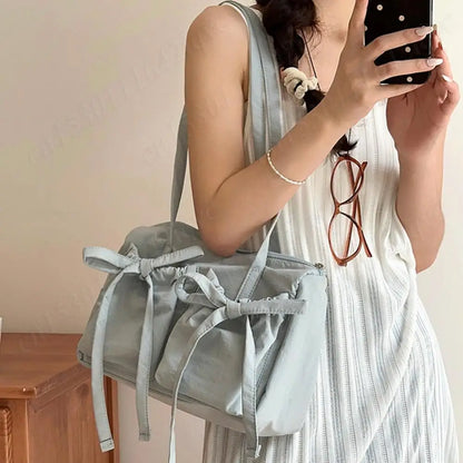 Women's Bags Bow Knot Pleated Nylon Shoulder Bag Fashion Sweet Pink Designer Lady Luxury Brand Tote Bag Spring Summer Armpit Bag