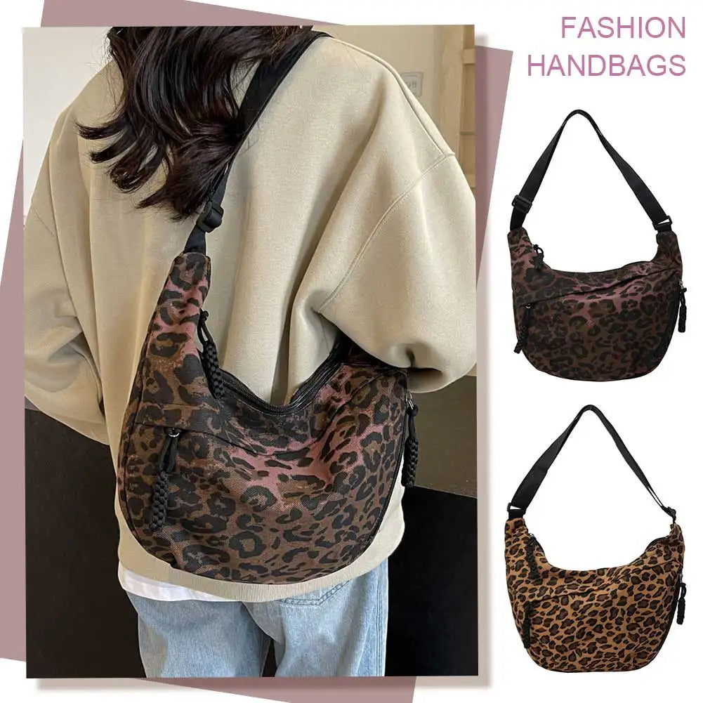 Women Crescent Crossbody Bag Large Capacity Leopard Print Daily Messenger Bag Adjustable Strap Half Moon Bag Simple Satchel Bag