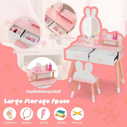 GOFLAME Vanity Set with Mirror, 2-in-1 Princess Makeup Dressing Table with Rabbit-ear-shaped Stool & Mirror