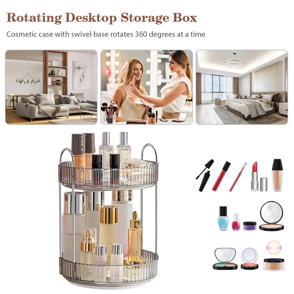 360 Degree Rotation Make Up Organizer Box Transparent Fashion Cosmetic Organizer Multi-Function Detachable Dressing Table